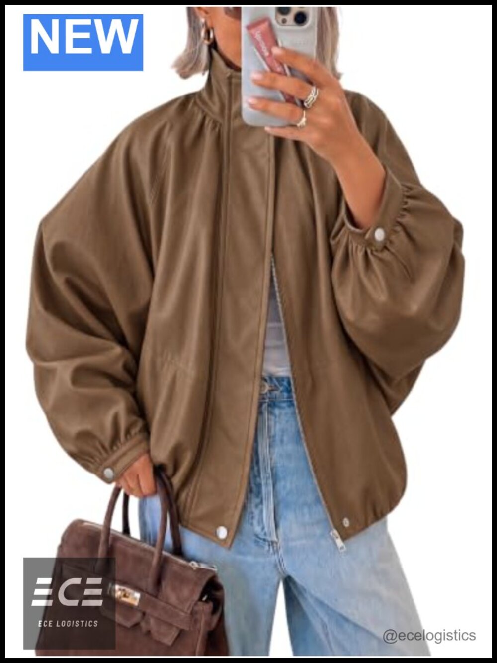 Faux Leather Bomber Jacket Long Sleeve Zip Fall Coat Puff Sleeve - Picture 1 of 6